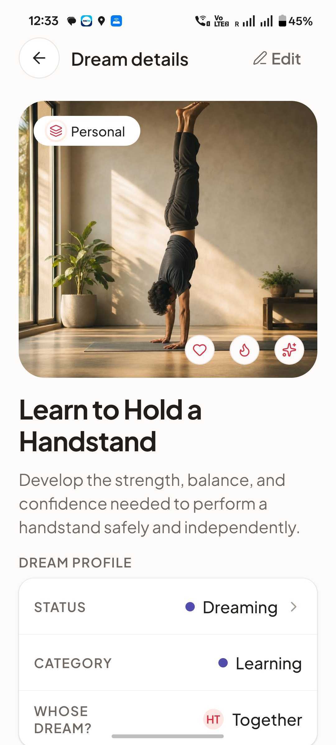 An Onwards Dream Details screen for learning a handstand