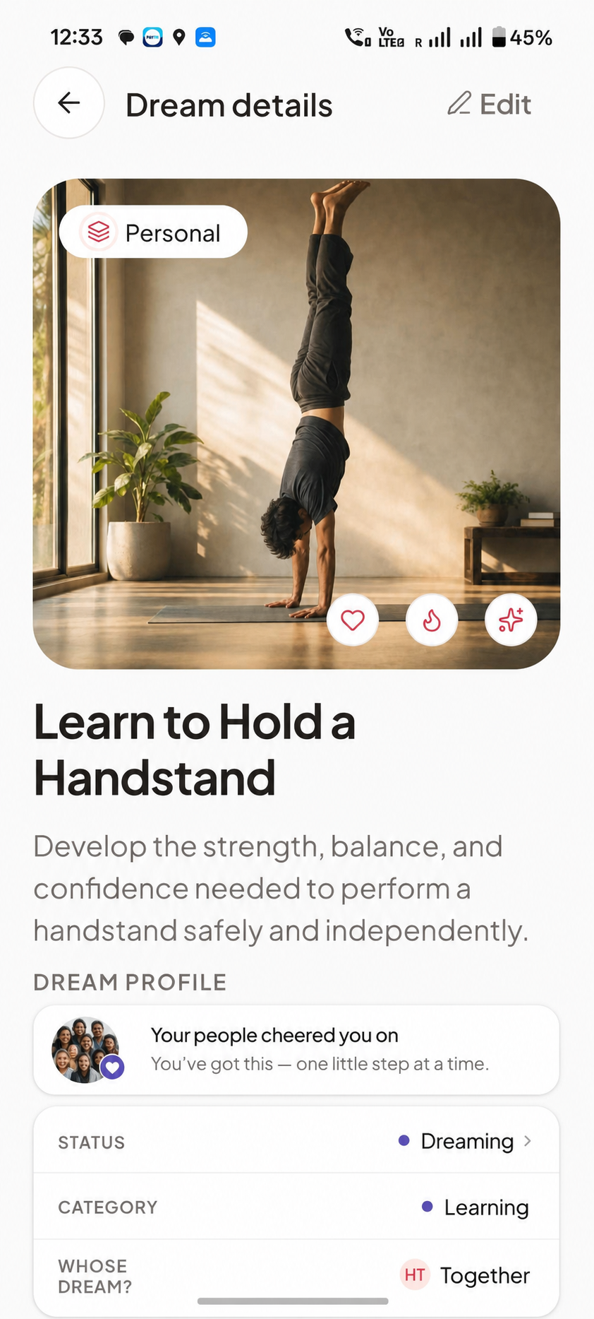 Trusted people cheering on the handstand dream in Onwards