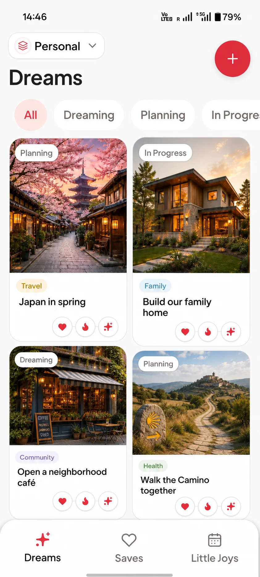 Onwards masonry Dreams screen with Japan, a family home, a neighborhood café, and the Camino