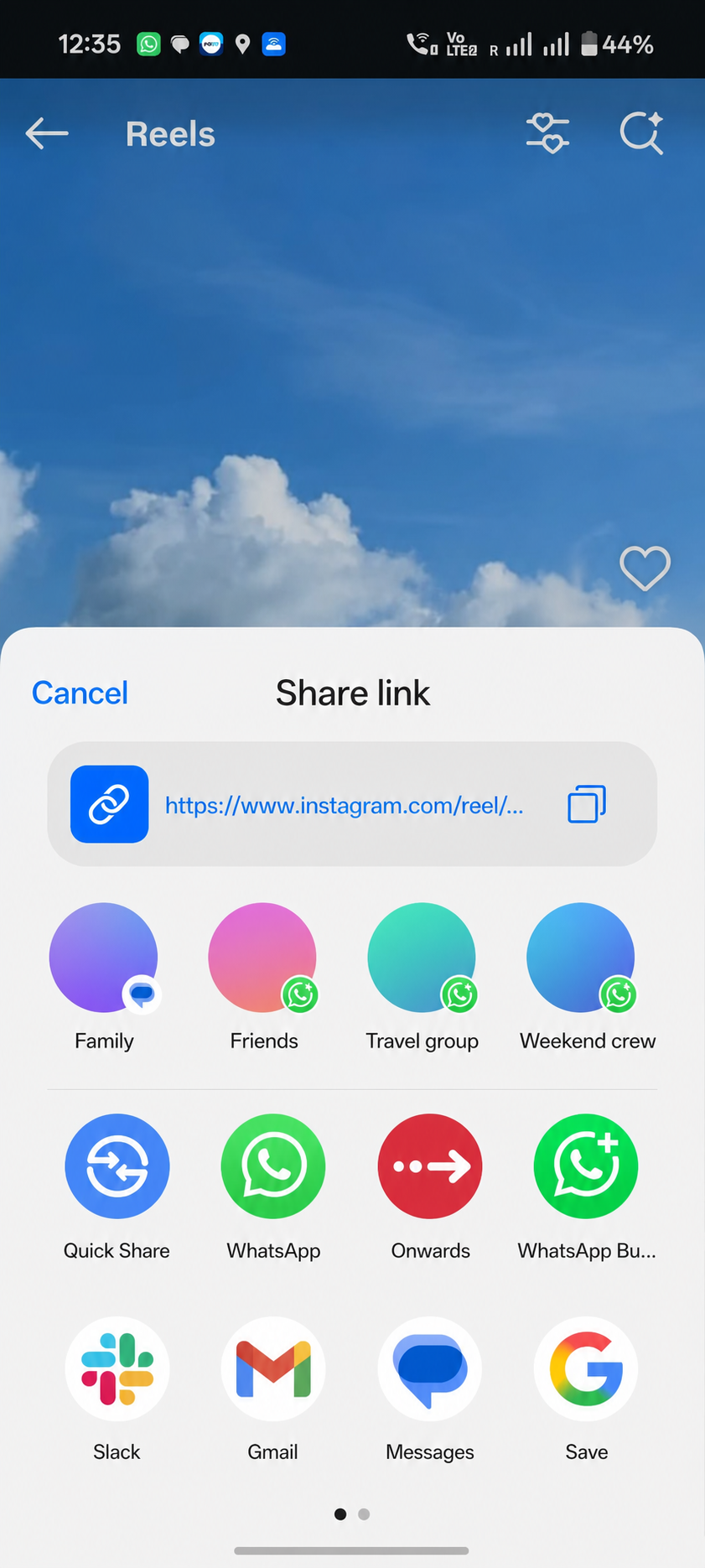 A privacy-safe Android share sheet saving an Instagram Reel directly to Onwards