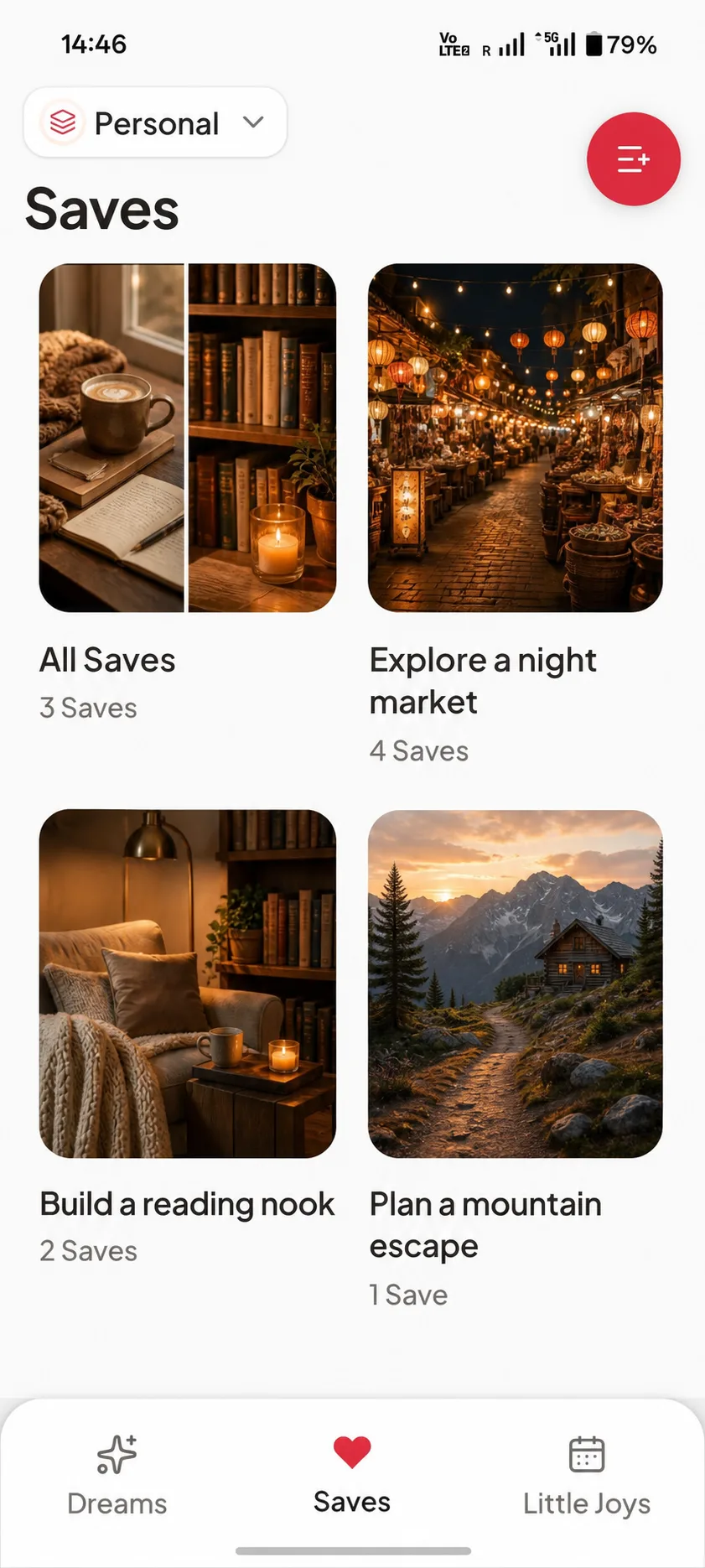 Saved places and ideas organized inside Onwards